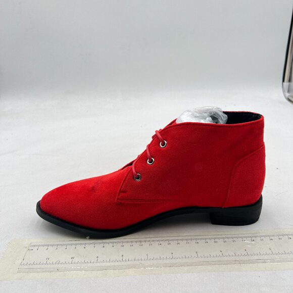 YDN Red Low Heel Pointy Toe Lace Up Chukka Ankle Boots Fall Winter Booties - Picture 2 of 8